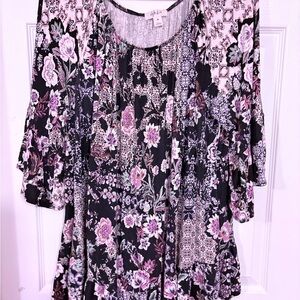 Style & co 2x black floral/faux lace look tunic elastic neck 3/4 bell sleeves